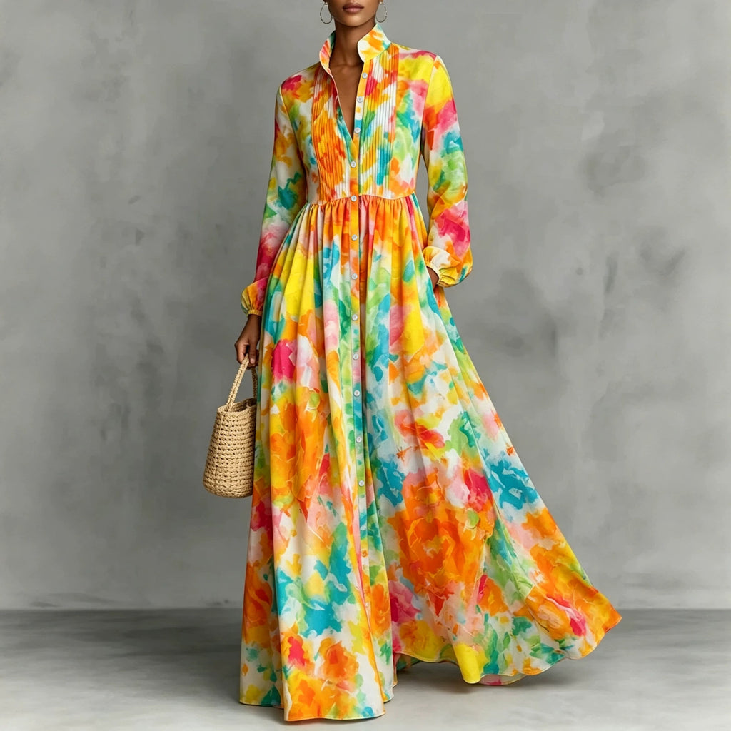 New Style Shirt Dress with  Floral Digital Printing Long Dress