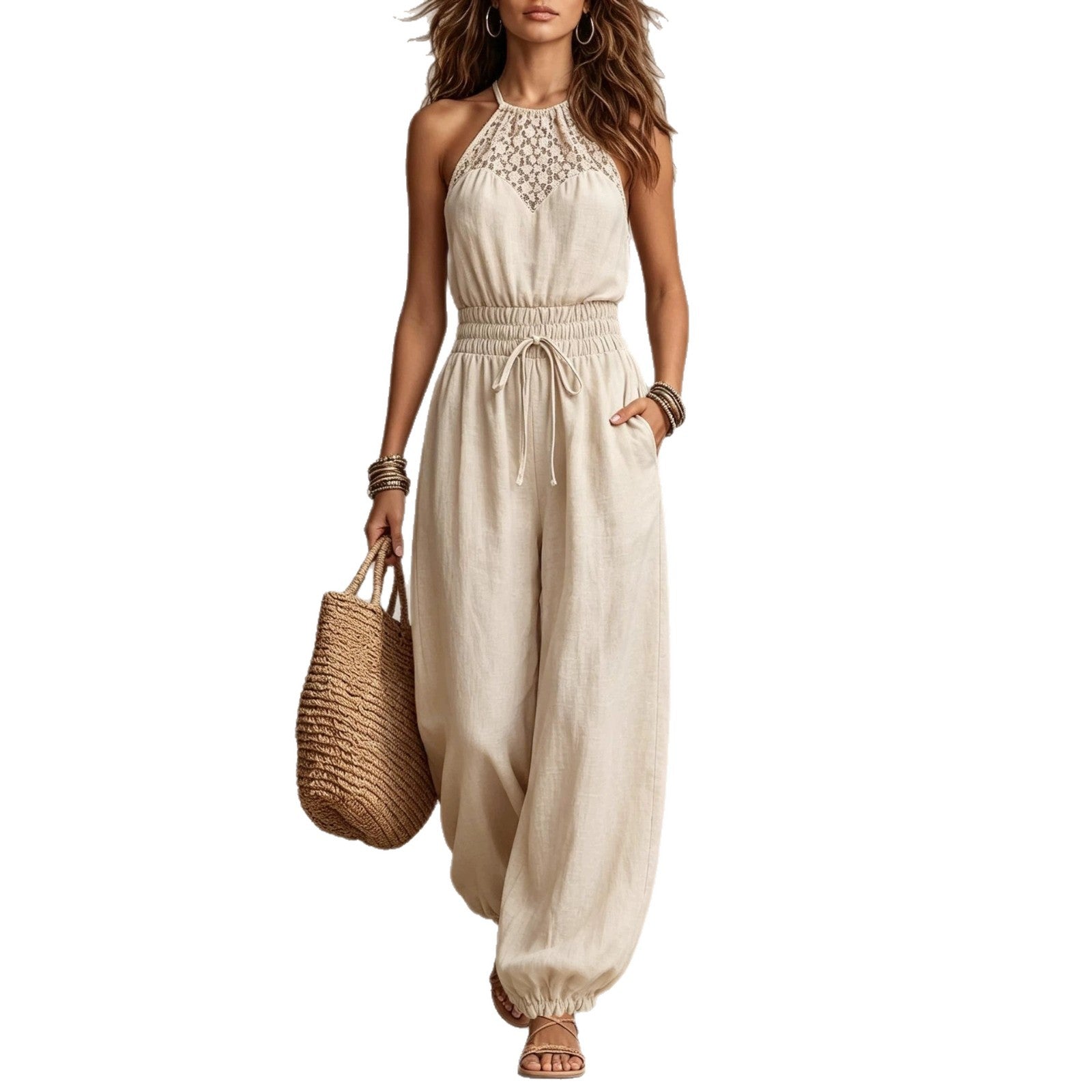 Bohemian Halter Lace Jumpsuit for Beach Vacation, Casual Drawstring Waist and Cuffed Legs