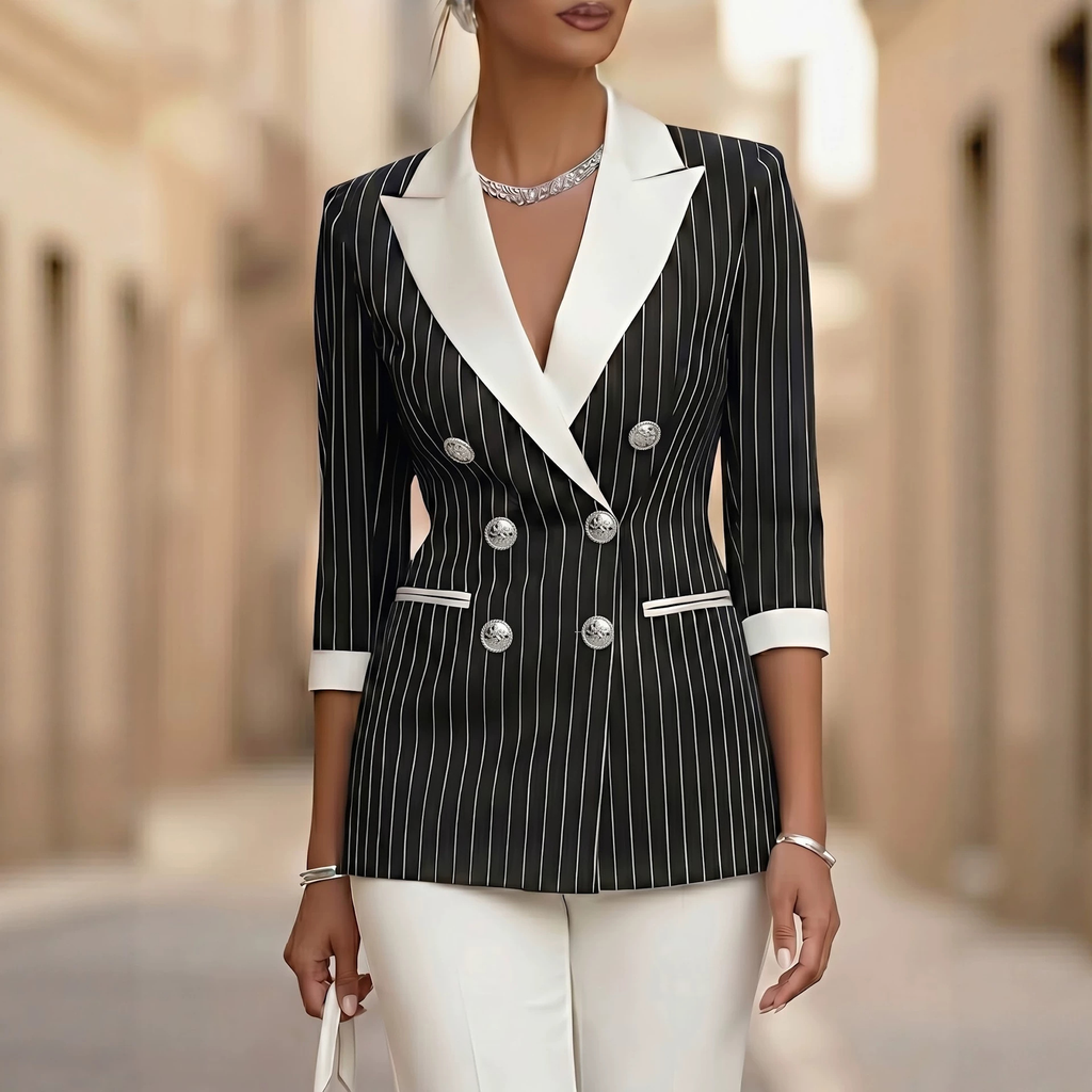 Style Black and White Thin Stripe Color-Blocked Notch Lapel Double-Breasted Three-Quarter Sleeve Suit Jacket for Women