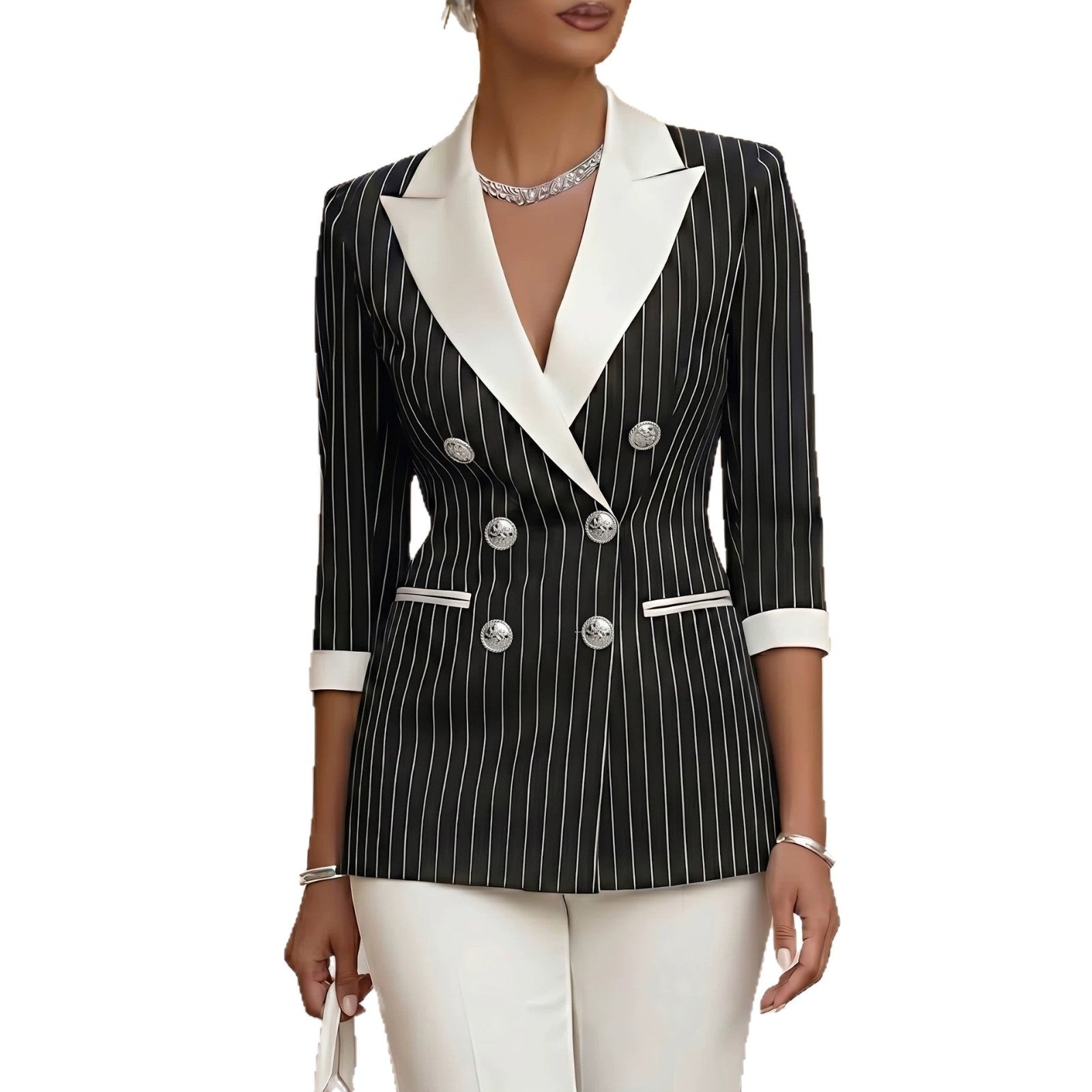 Style Black and White Thin Stripe Color-Blocked Notch Lapel Double-Breasted Three-Quarter Sleeve Suit Jacket for Women