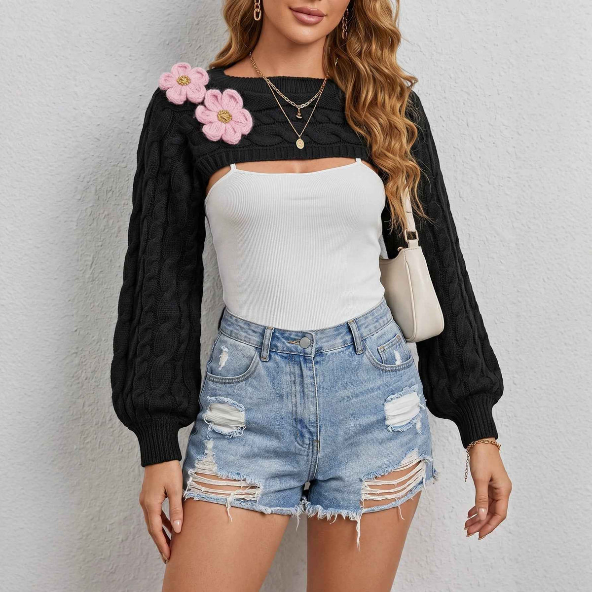 Short Sleeve Long Sleeve Top Solid Color  Women's Cardigan with Flower Decoration