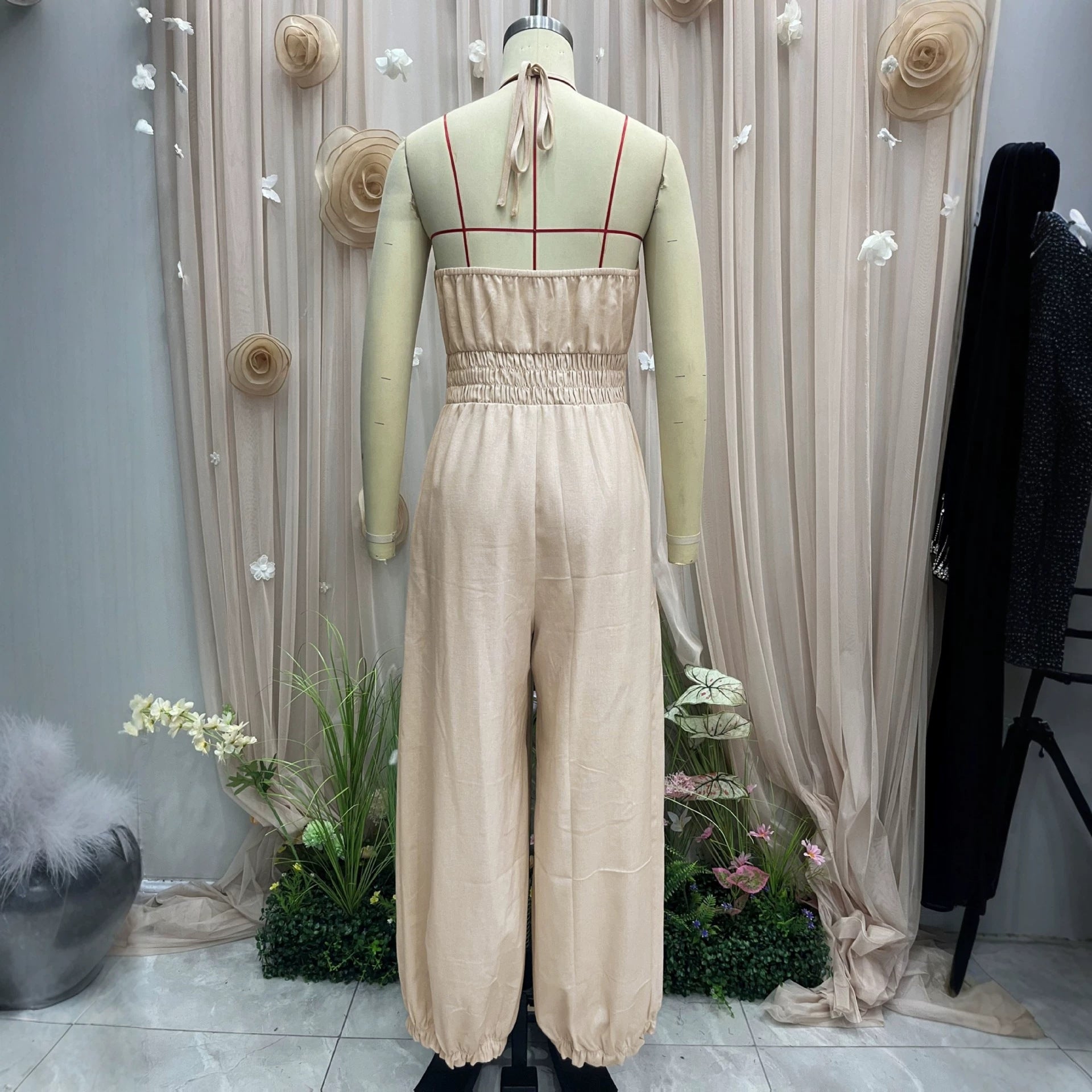 Bohemian Halter Lace Jumpsuit for Beach Vacation, Casual Drawstring Waist and Cuffed Legs