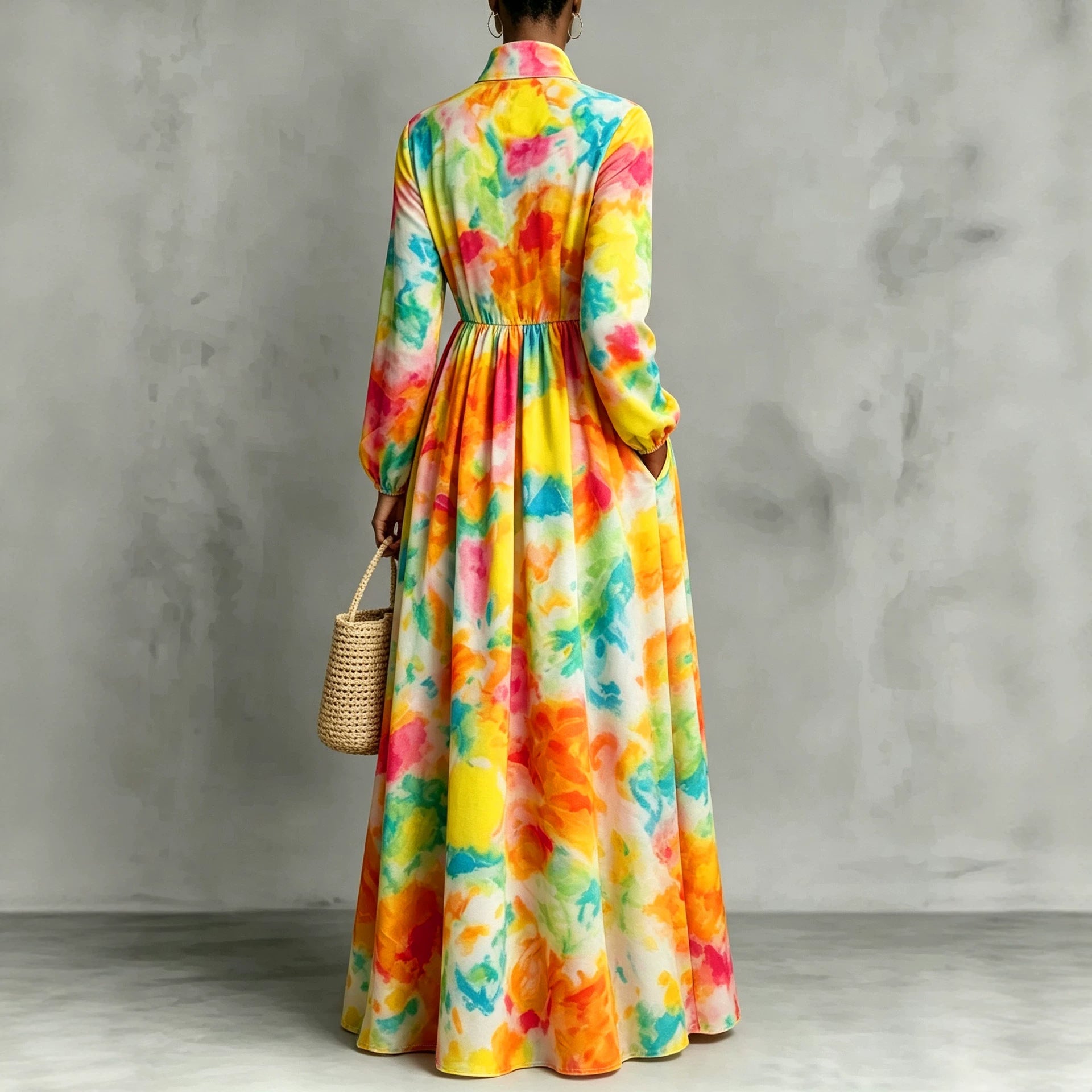 New Style Shirt Dress with  Floral Digital Printing Long Dress