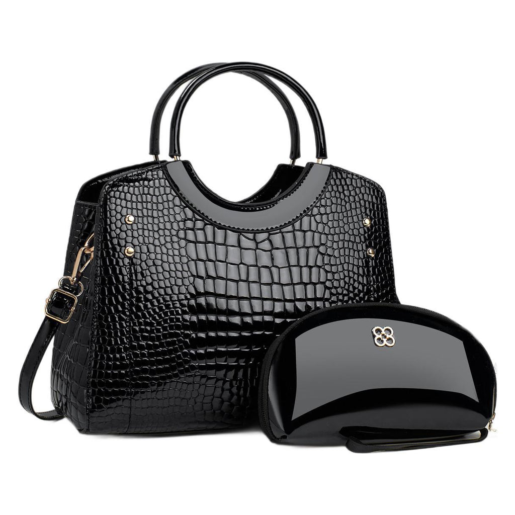 Bolso Mano con Estampado de Serpiente, Cuero Brillante Platino