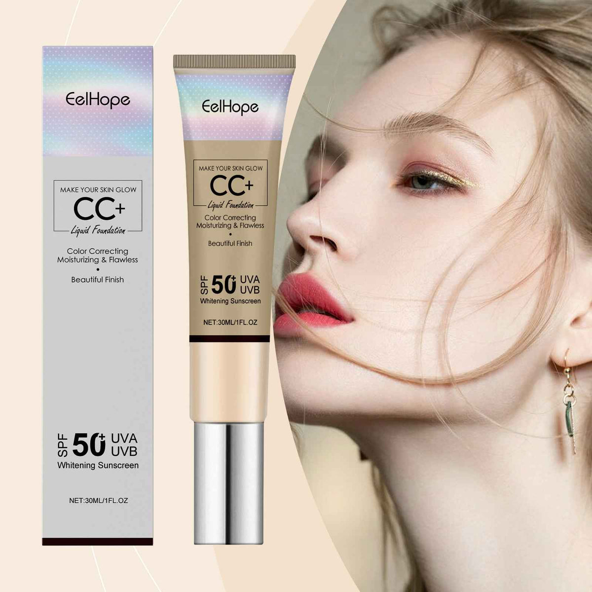 CC Cream Eelhope, Corrector Hidratante e Iluminador de Larga Duración con Protección