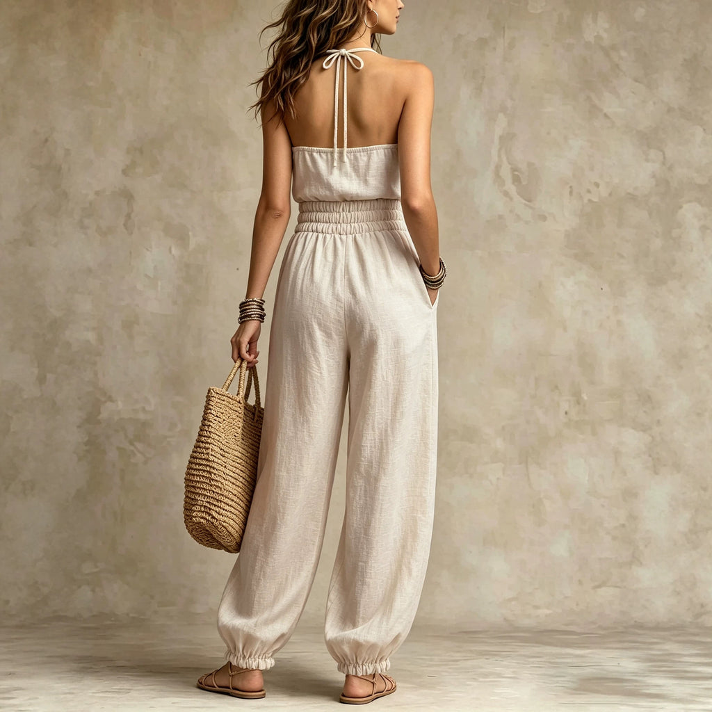 Bohemian Halter Lace Jumpsuit for Beach Vacation, Casual Drawstring Waist and Cuffed Legs