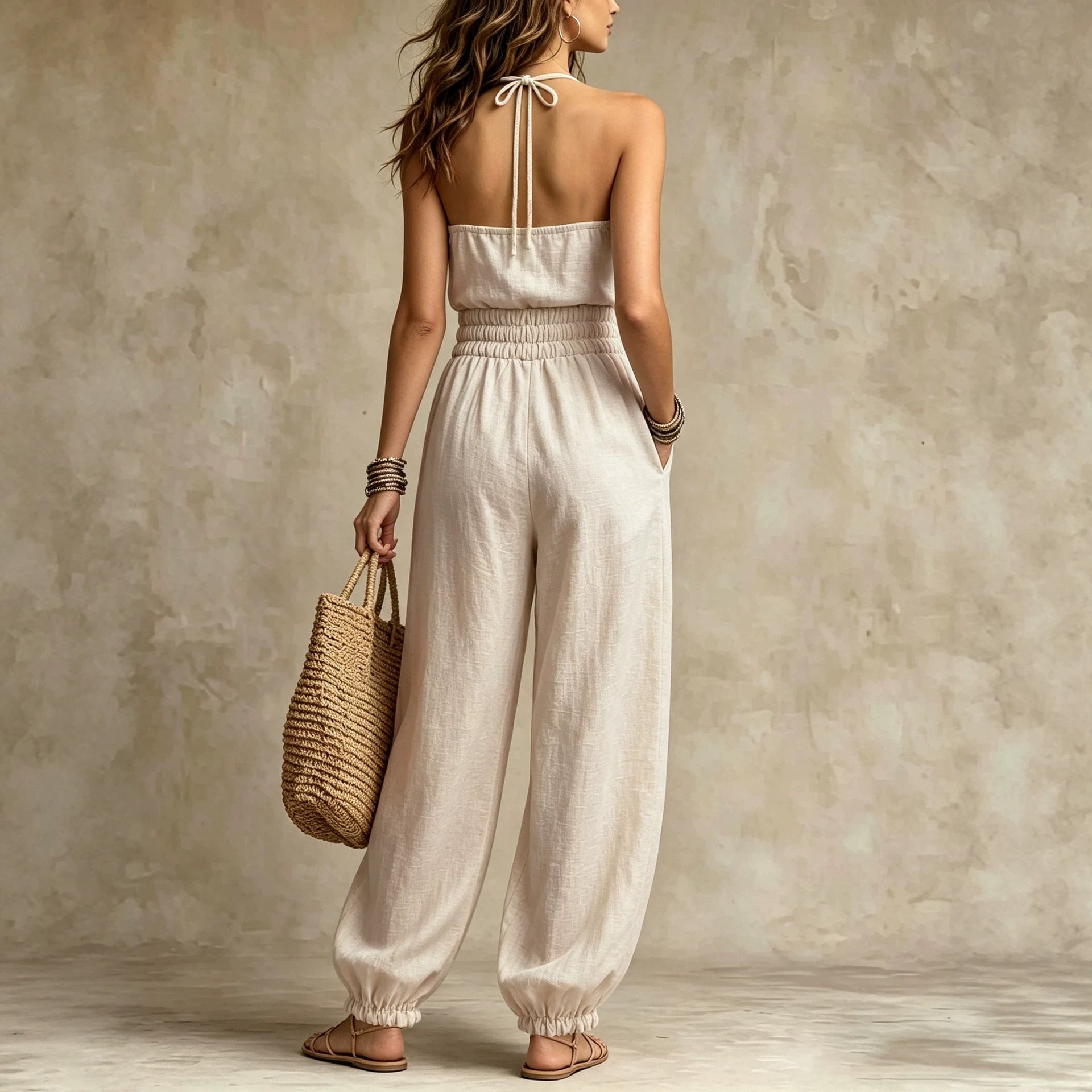 Bohemian Halter Lace Jumpsuit for Beach Vacation, Casual Drawstring Waist and Cuffed Legs