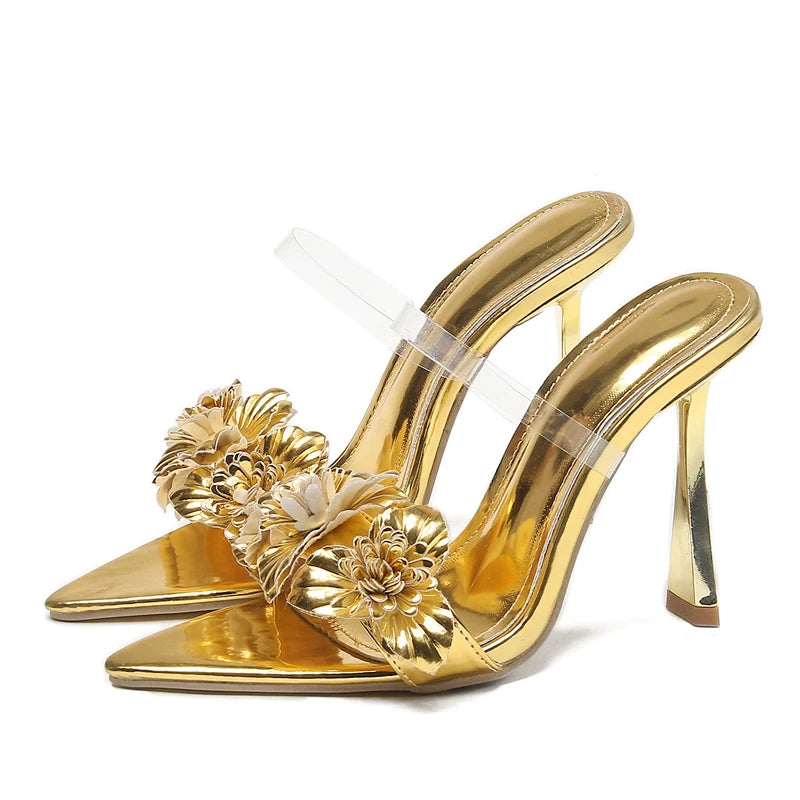Sandalias Mujer PVC Transparente — Tacón Fino Floral