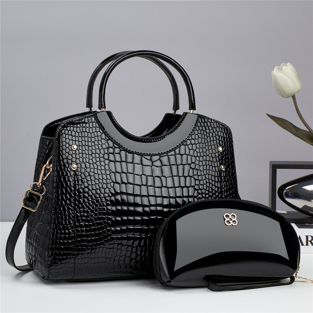Bolso Mano con Estampado de Serpiente, Cuero Brillante Platino
