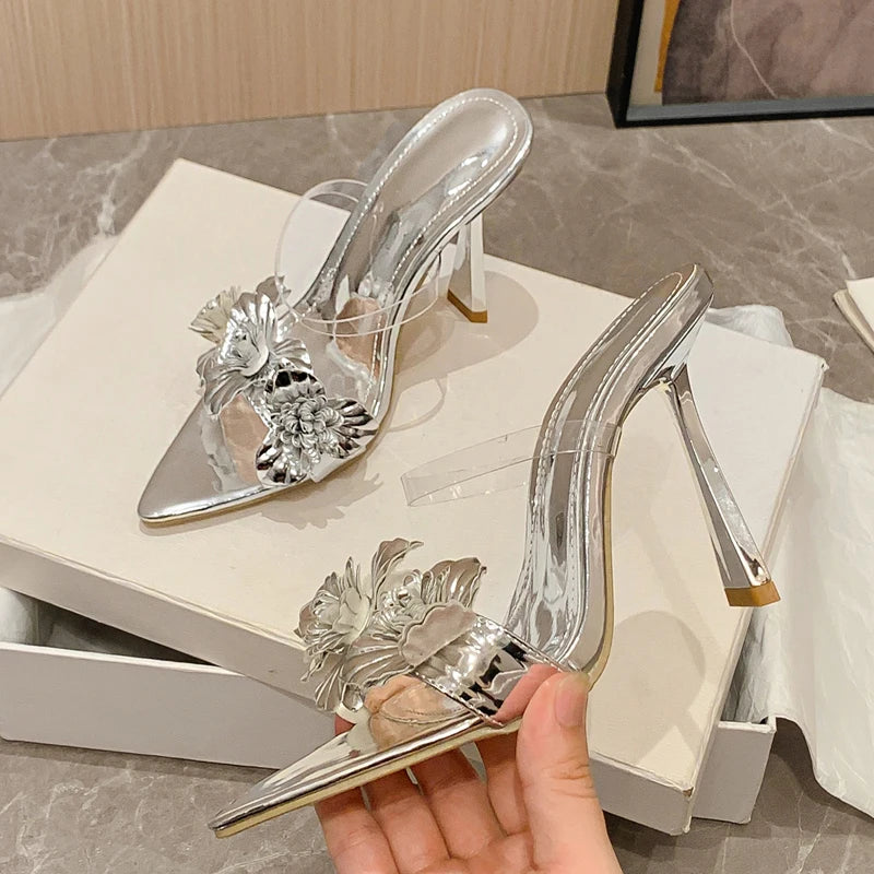 Sandalias Mujer PVC Transparente — Tacón Fino Floral