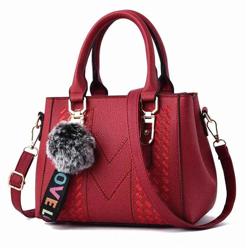 Bolso Bandolera Bordado de Piel para Mujer, con Pompón Decorativo
