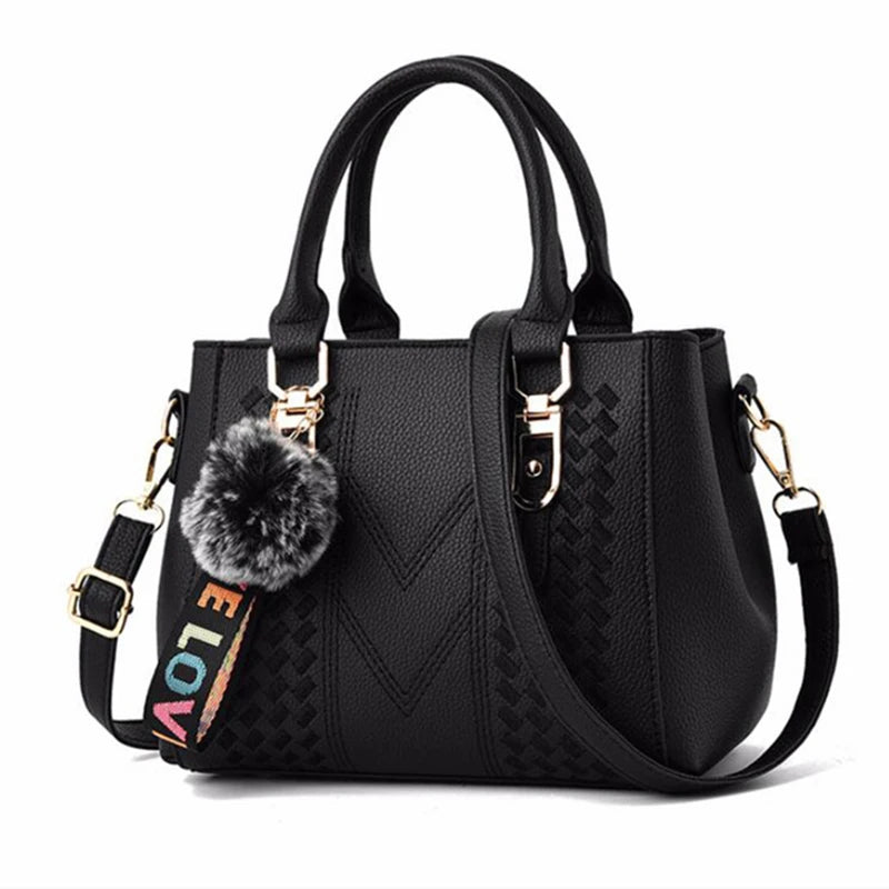 Bolso Bandolera Bordado de Piel para Mujer, con Pompón Decorativo