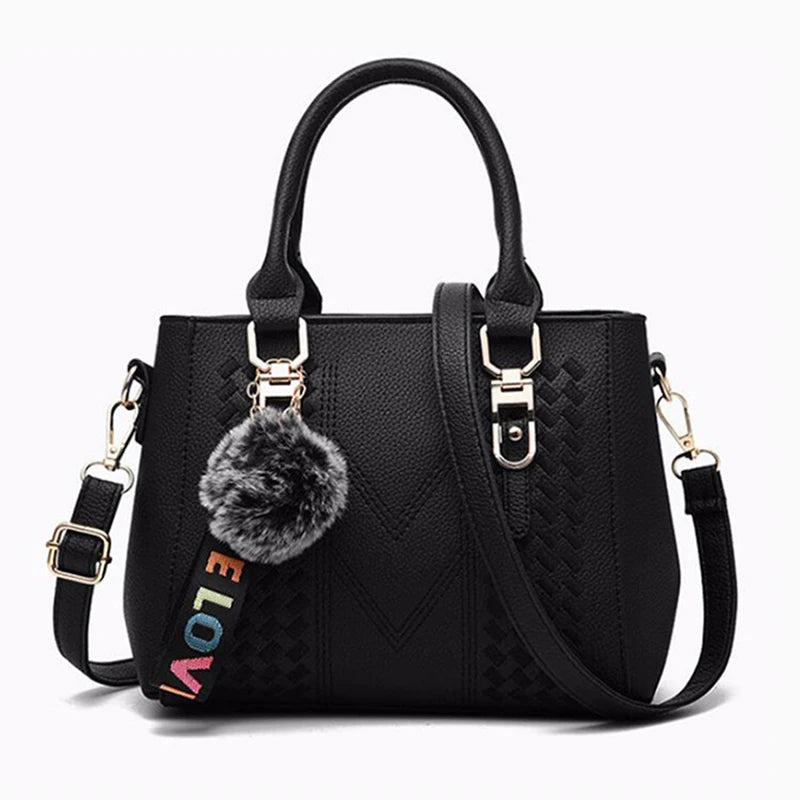 Bolso Bandolera Bordado de Piel para Mujer, con Pompón Decorativo