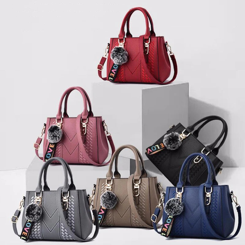 Bolso Bandolera Bordado de Piel para Mujer, con Pompón Decorativo