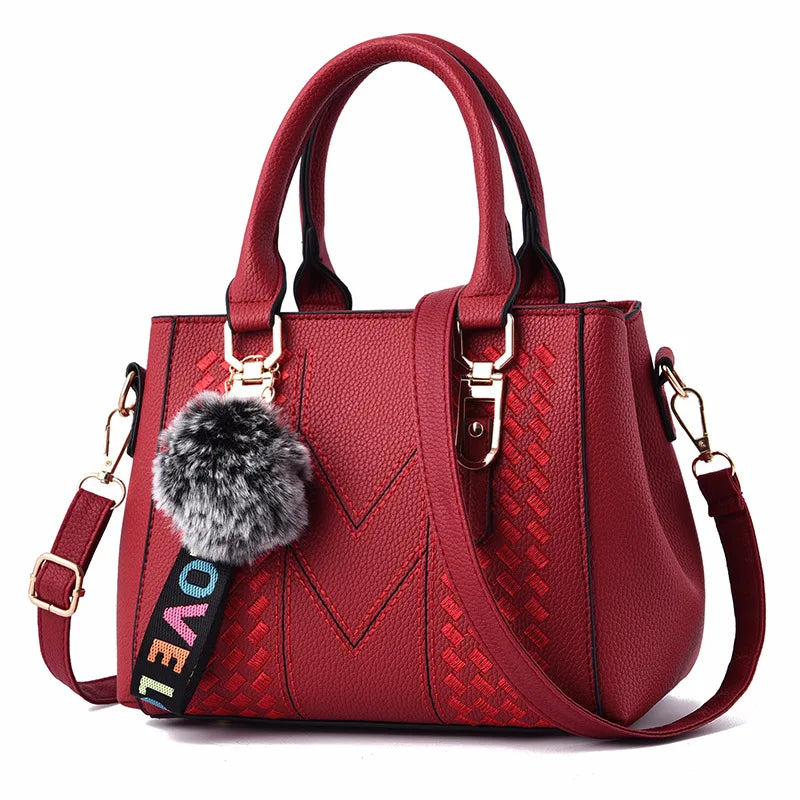 Bolso Bandolera Bordado de Piel para Mujer, con Pompón Decorativo