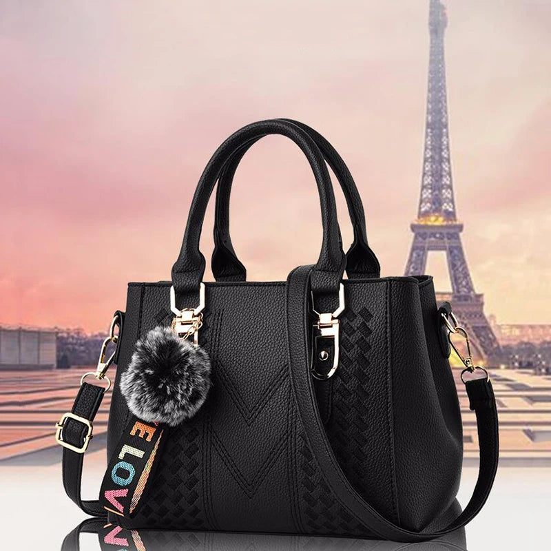 Bolso Bandolera Bordado de Piel para Mujer, con Pompón Decorativo