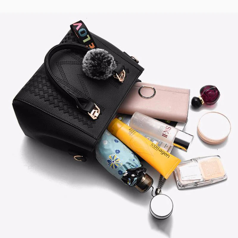 Bolso Bandolera Bordado de Piel para Mujer, con Pompón Decorativo