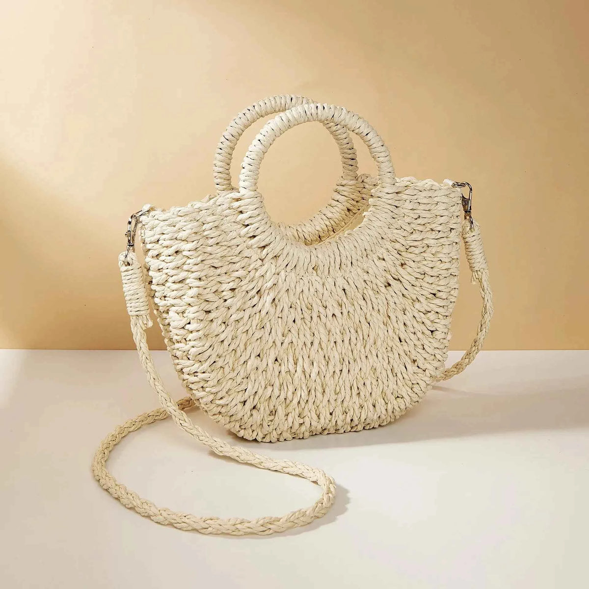 Bolso de Playa Tejido a Mano de Paja y Ratán, Media Luna, Gran Capacidad, Bandolera Calada de Verano para Mujer