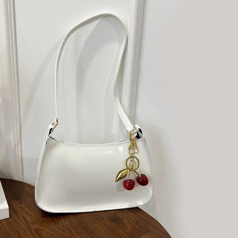 Bolso de Piel PU para Mujer, Color Liso con Colgante de Cereza, Bolso de Hombro Casual para el Día a Día