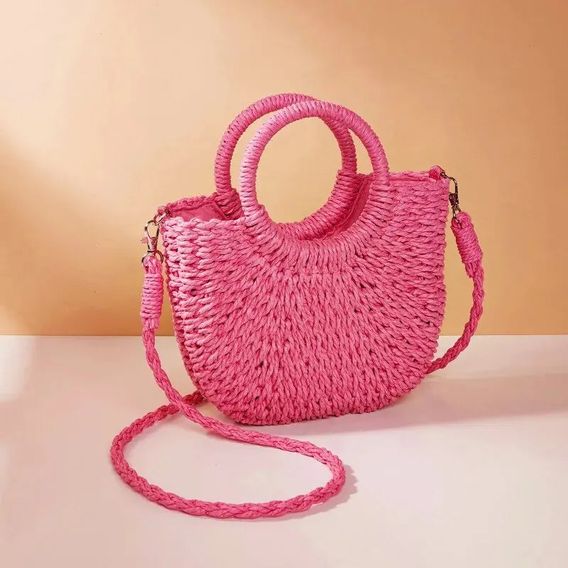 Bolso de Playa Tejido a Mano de Paja y Ratán, Media Luna, Gran Capacidad, Bandolera Calada de Verano para Mujer