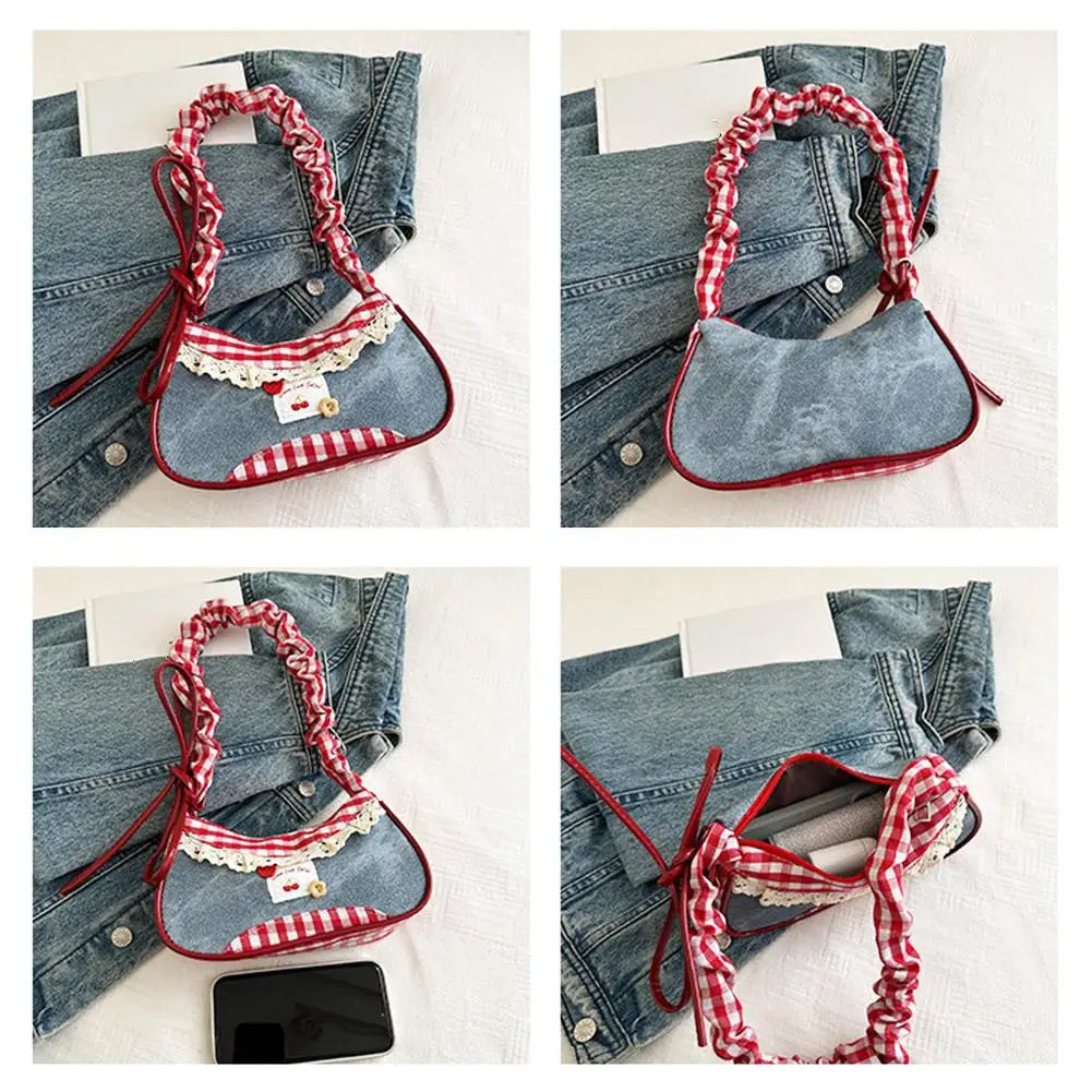 Bolso de Cuadros de Moda para Mujer con Cinta de Encaje, Correa Elástica, Bolso de Hombro para el Día a Día