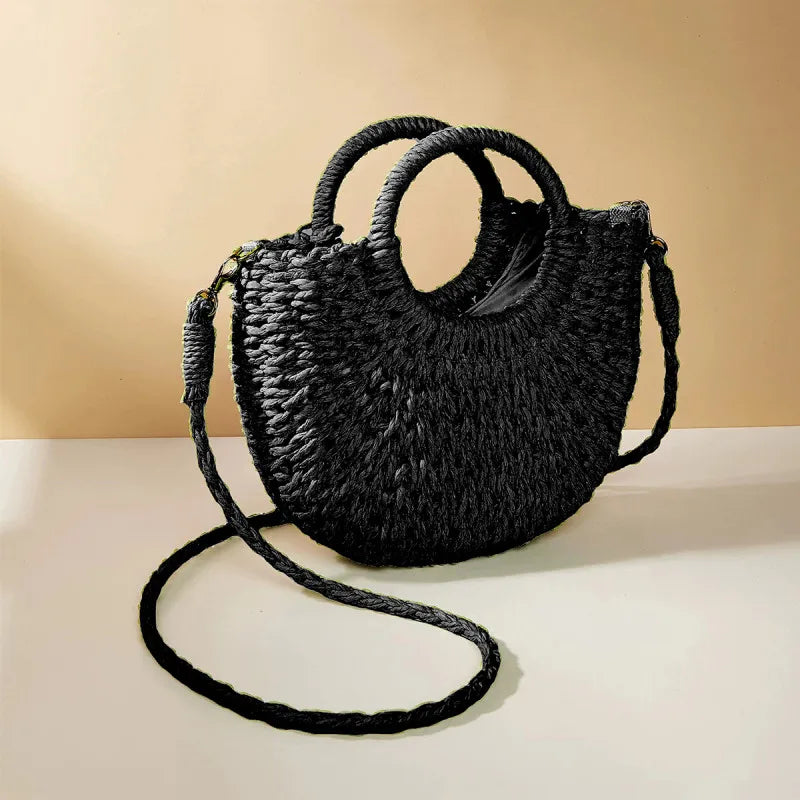 Bolso de Playa Tejido a Mano de Paja y Ratán, Media Luna, Gran Capacidad, Bandolera Calada de Verano para Mujer