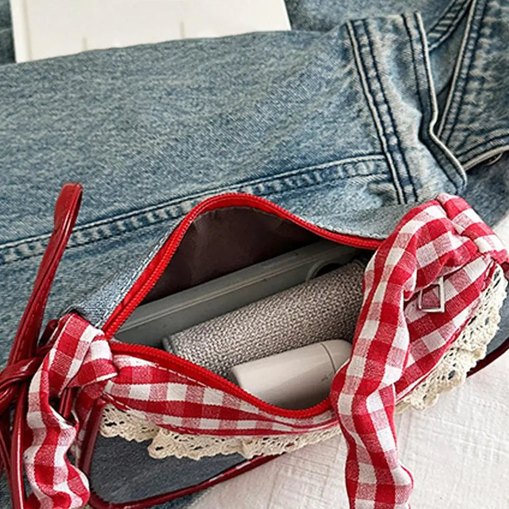 Bolso de Cuadros de Moda para Mujer con Cinta de Encaje, Correa Elástica, Bolso de Hombro para el Día a Día