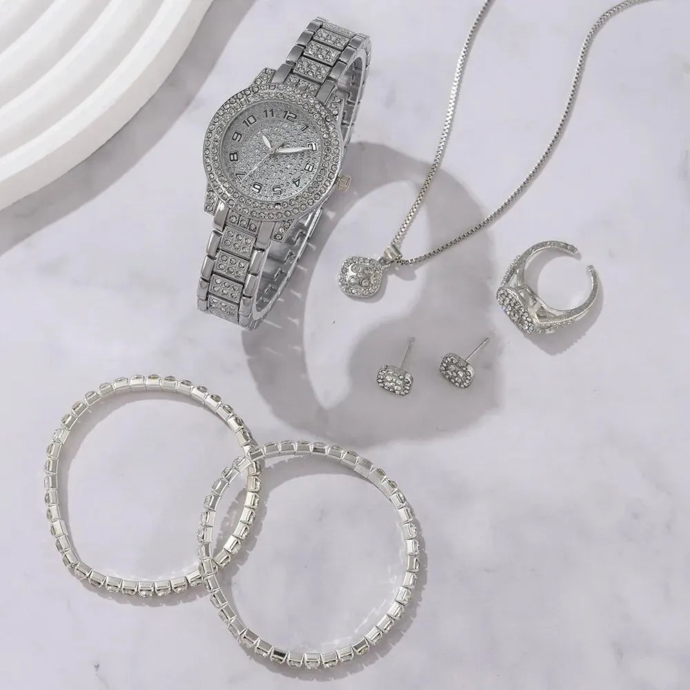Reloj de Cuarzo para Mujer con Pulseras de Pedrería Set de 6 Piezas