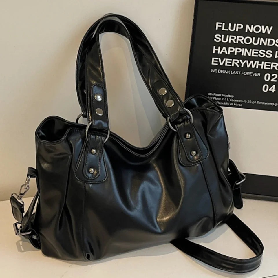 Bolso de Hombro Retro Espacioso para Mujer, Color Liso, Bandolera Clásica de Gran Capacidad en Piel PU Suave