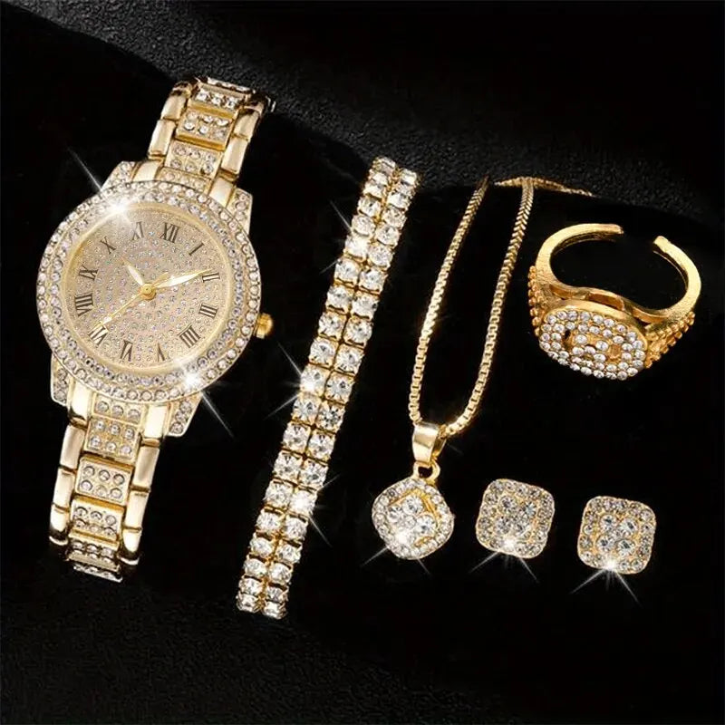 Reloj de Cuarzo para Mujer con Pulseras de Pedrería Set de 6 Piezas