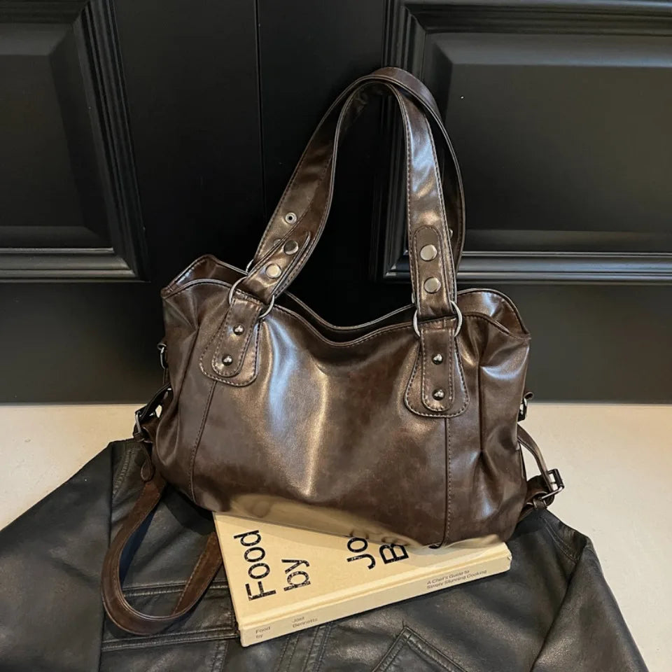 Bolso de Hombro Retro Espacioso para Mujer, Color Liso, Bandolera Clásica de Gran Capacidad en Piel PU Suave