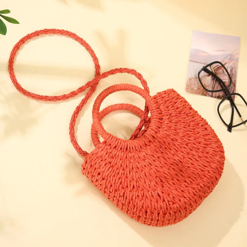 Bolso de Playa Tejido a Mano de Paja y Ratán, Media Luna, Gran Capacidad, Bandolera Calada de Verano para Mujer