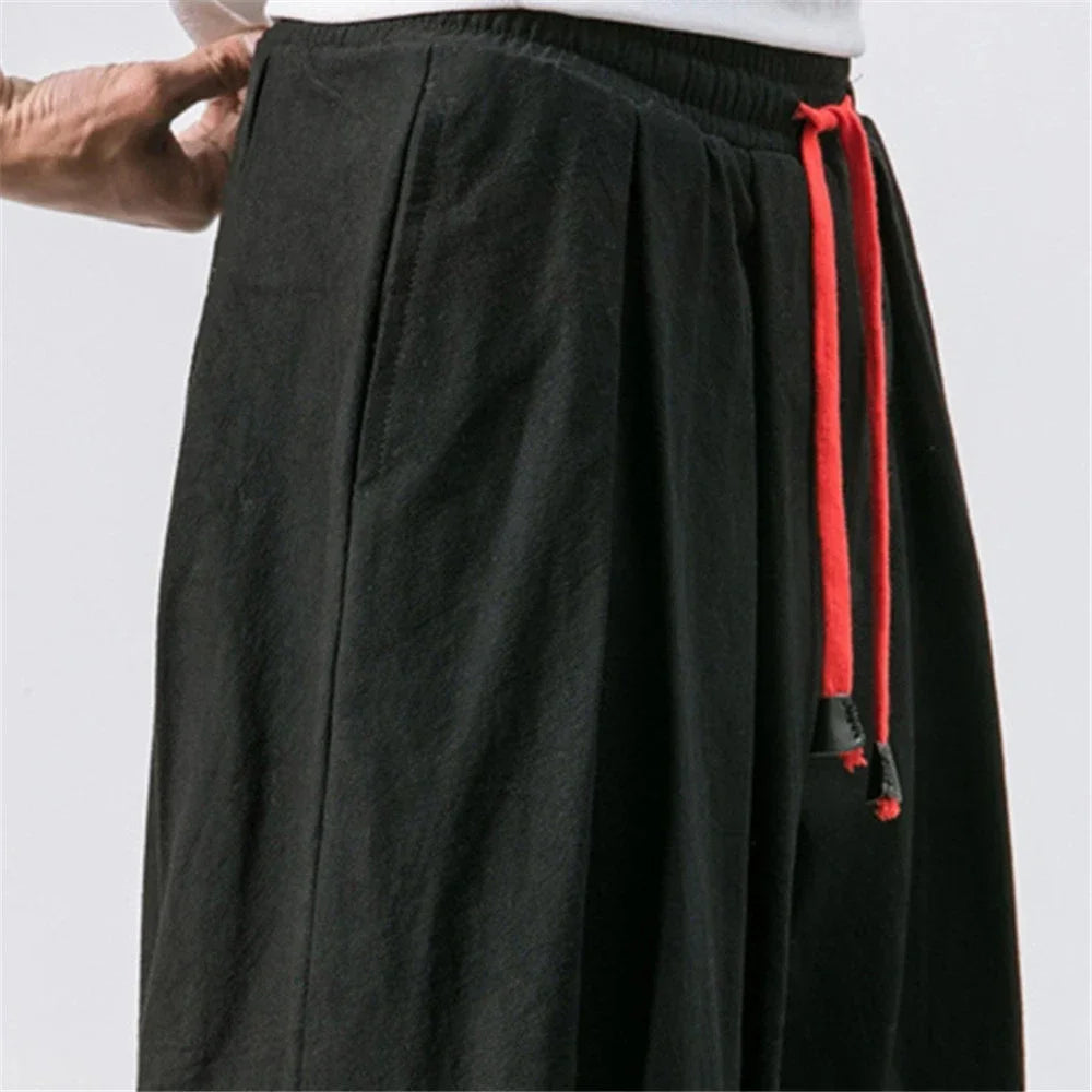 Pantalones Anchos de Algodón y Lino para Hombre, Casual Holgado