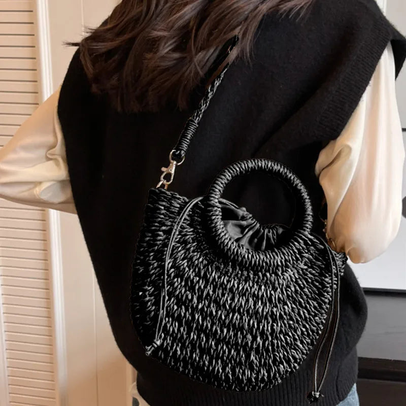 Bolso de Playa Tejido a Mano de Paja y Ratán, Media Luna, Gran Capacidad, Bandolera Calada de Verano para Mujer
