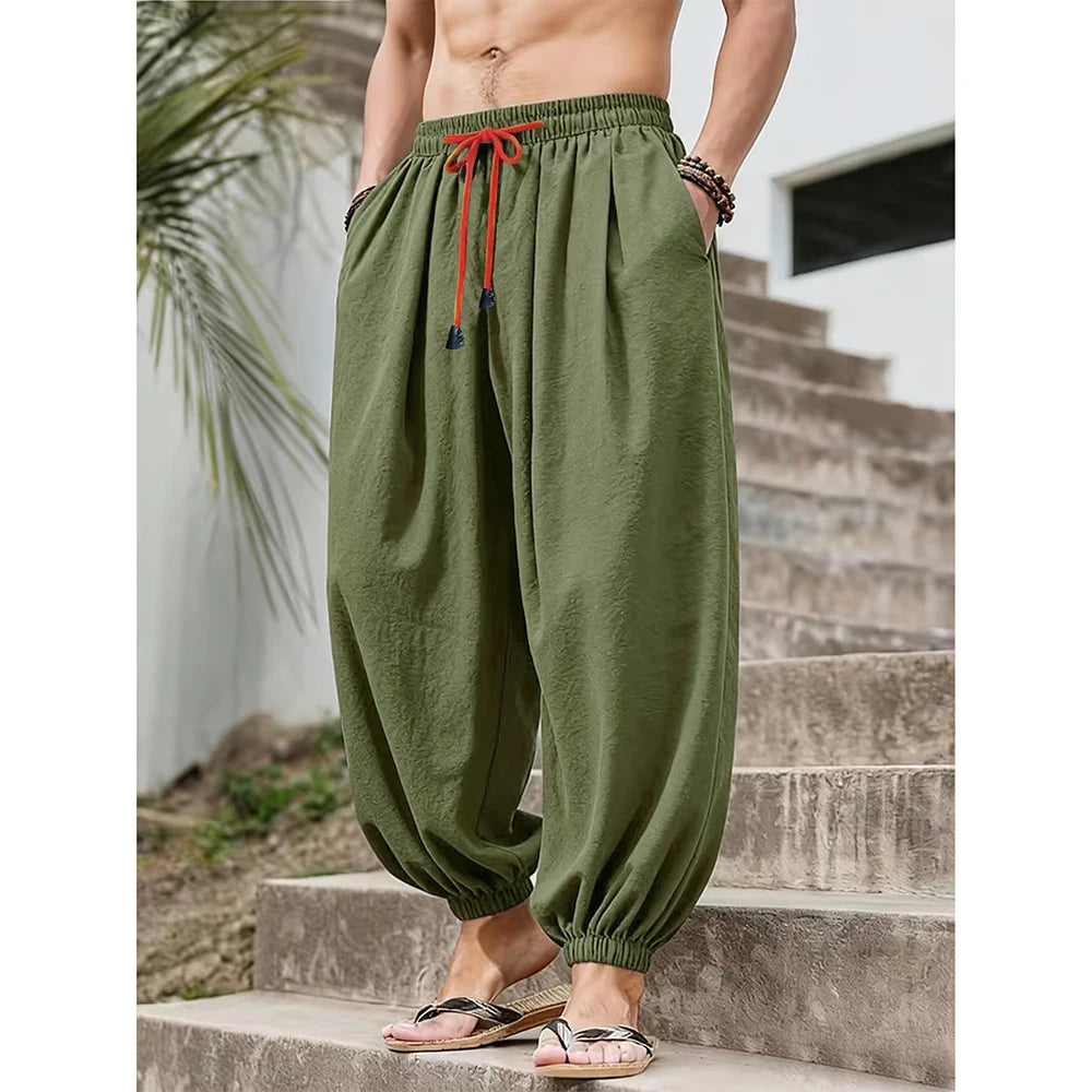 Pantalones Anchos de Algodón y Lino para Hombre, Casual Holgado