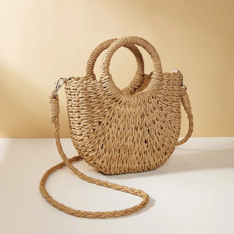 Bolso de Playa Tejido a Mano de Paja y Ratán, Media Luna, Gran Capacidad, Bandolera Calada de Verano para Mujer