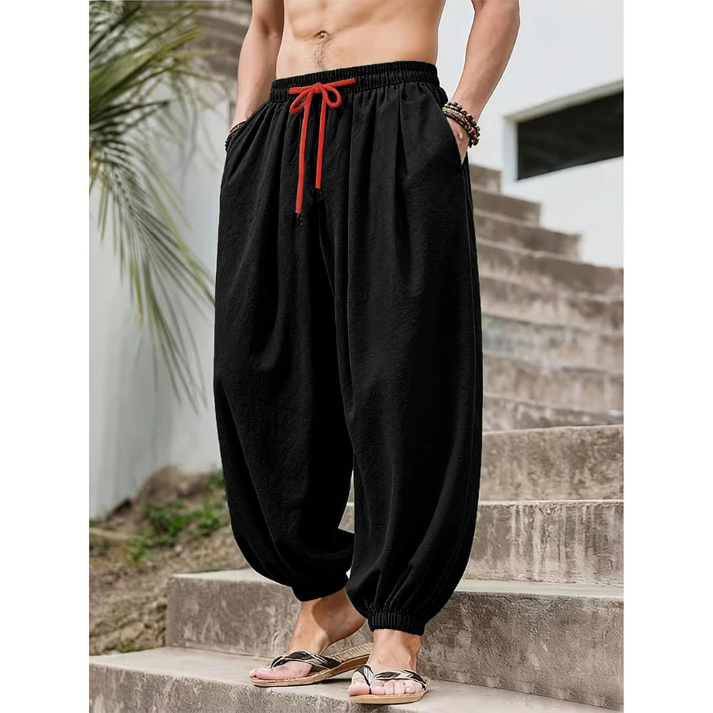 Pantalones Anchos de Algodón y Lino para Hombre, Casual Holgado
