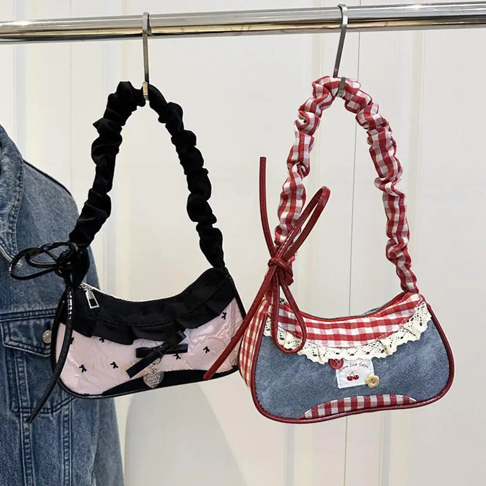 Bolso de Cuadros de Moda para Mujer con Cinta de Encaje, Correa Elástica, Bolso de Hombro para el Día a Día