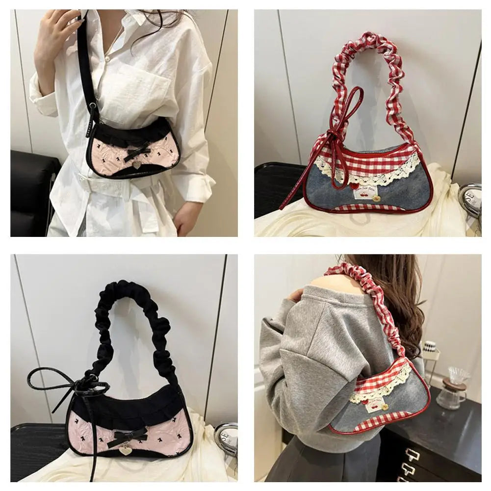 Bolso de Cuadros de Moda para Mujer con Cinta de Encaje, Correa Elástica, Bolso de Hombro para el Día a Día