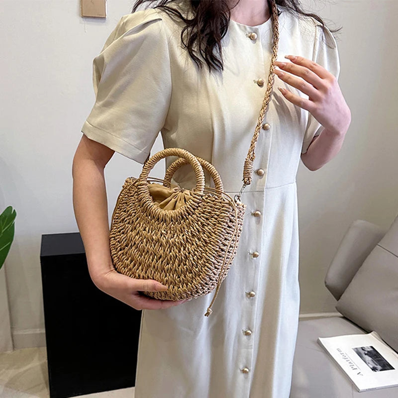 Bolso de Playa Tejido a Mano de Paja y Ratán, Media Luna, Gran Capacidad, Bandolera Calada de Verano para Mujer