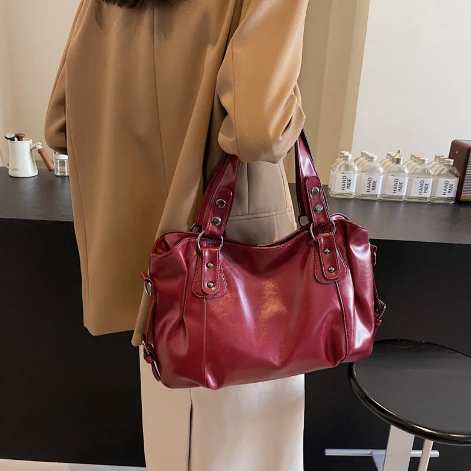 Bolso de Hombro Retro Espacioso para Mujer, Color Liso, Bandolera Clásica de Gran Capacidad en Piel PU Suave