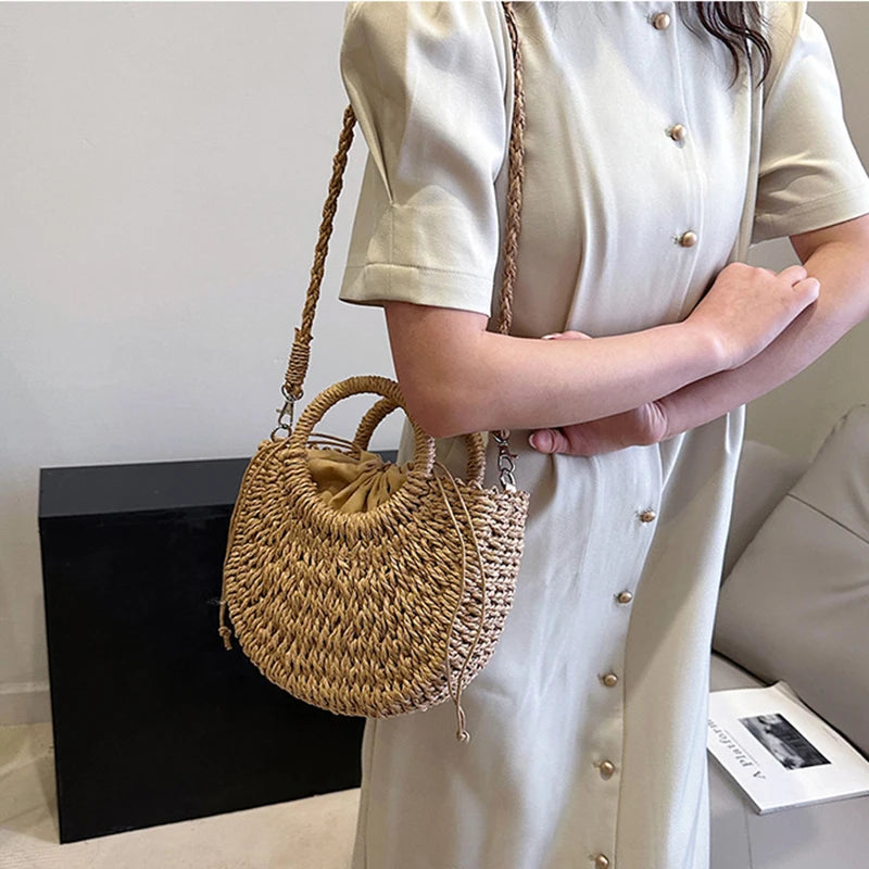 Bolso de Playa Tejido a Mano de Paja y Ratán, Media Luna, Gran Capacidad, Bandolera Calada de Verano para Mujer
