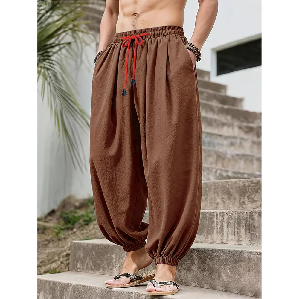 Pantalones Anchos de Algodón y Lino para Hombre, Casual Holgado