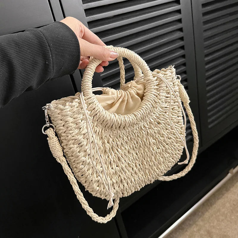 Bolso de Playa Tejido a Mano de Paja y Ratán, Media Luna, Gran Capacidad, Bandolera Calada de Verano para Mujer