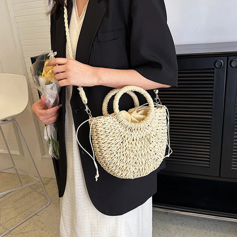 Bolso de Playa Tejido a Mano de Paja y Ratán, Media Luna, Gran Capacidad, Bandolera Calada de Verano para Mujer