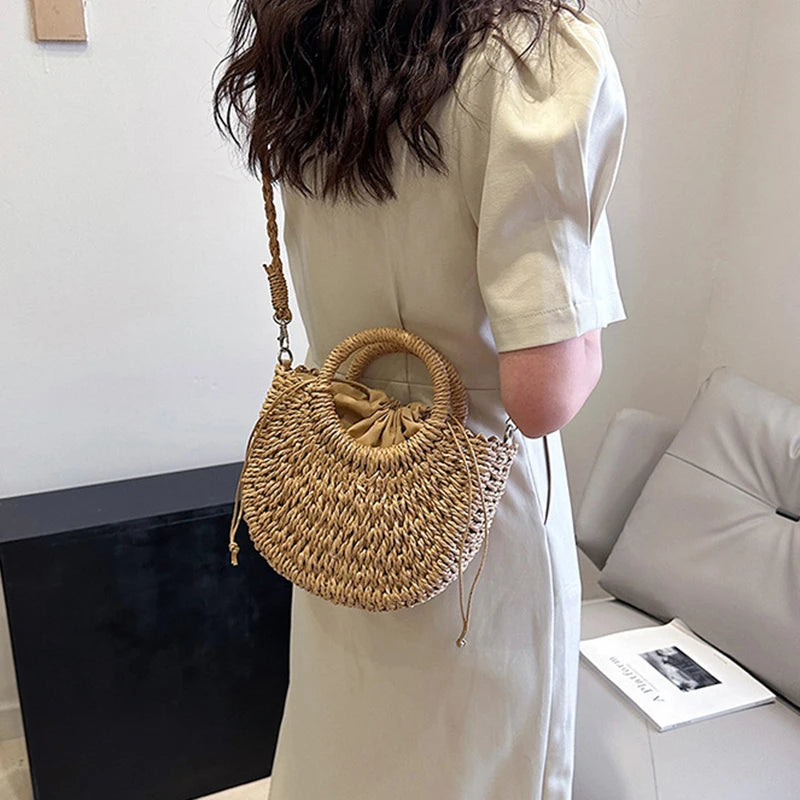 Bolso de Playa Tejido a Mano de Paja y Ratán, Media Luna, Gran Capacidad, Bandolera Calada de Verano para Mujer