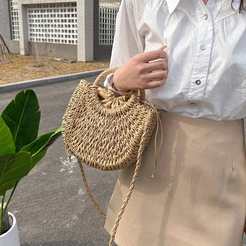Bolso de Playa Tejido a Mano de Paja y Ratán, Media Luna, Gran Capacidad, Bandolera Calada de Verano para Mujer