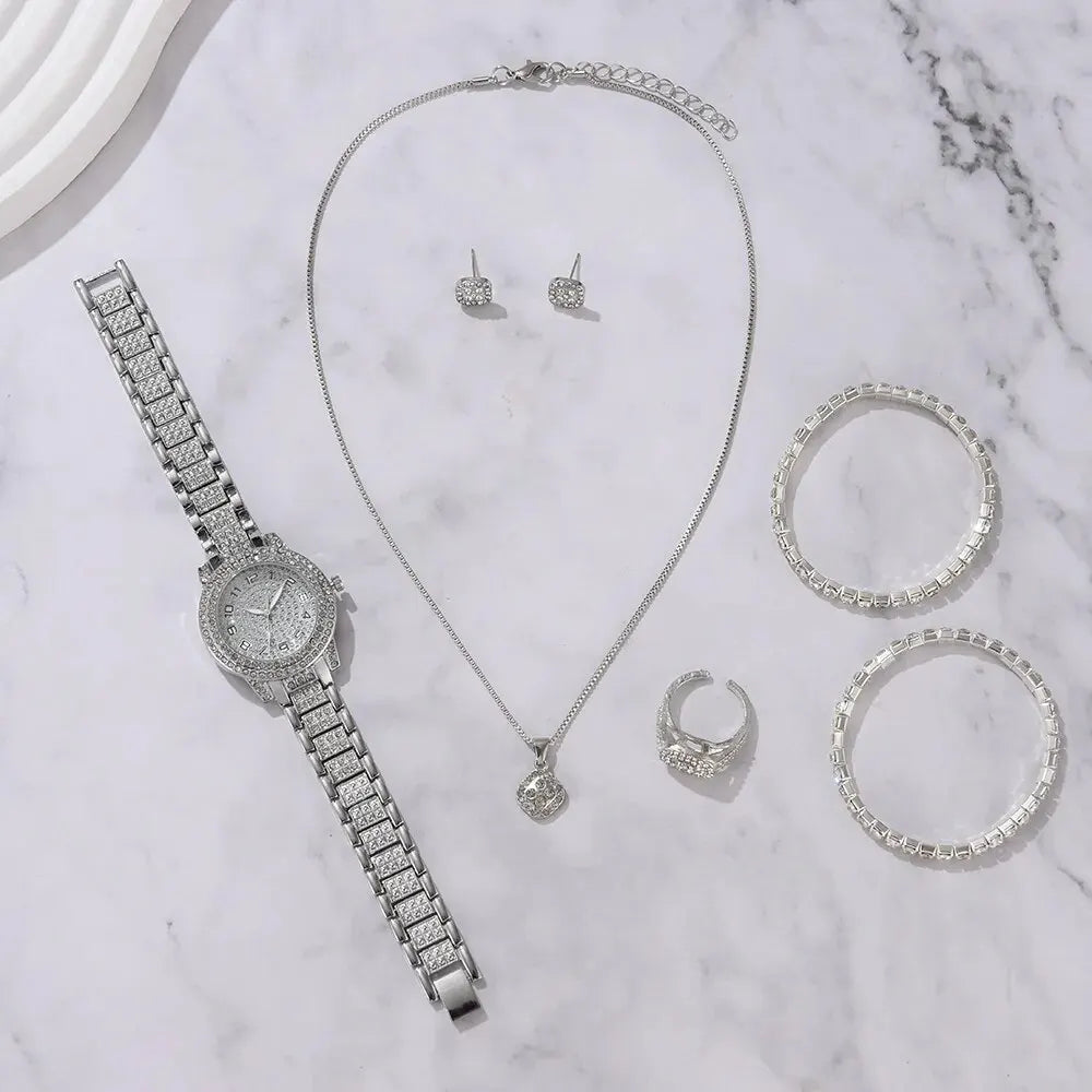 Reloj de Cuarzo para Mujer con Pulseras de Pedrería Set de 6 Piezas