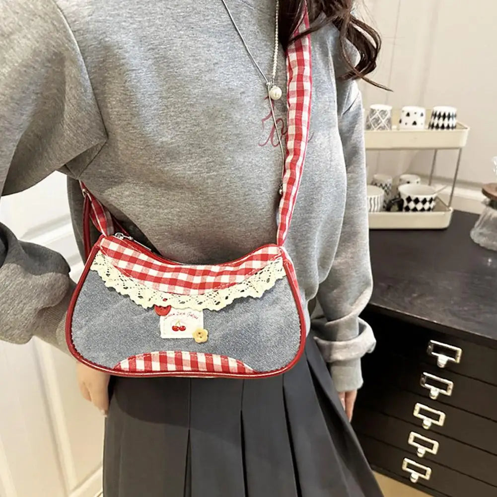 Bolso de Cuadros de Moda para Mujer con Cinta de Encaje, Correa Elástica, Bolso de Hombro para el Día a Día