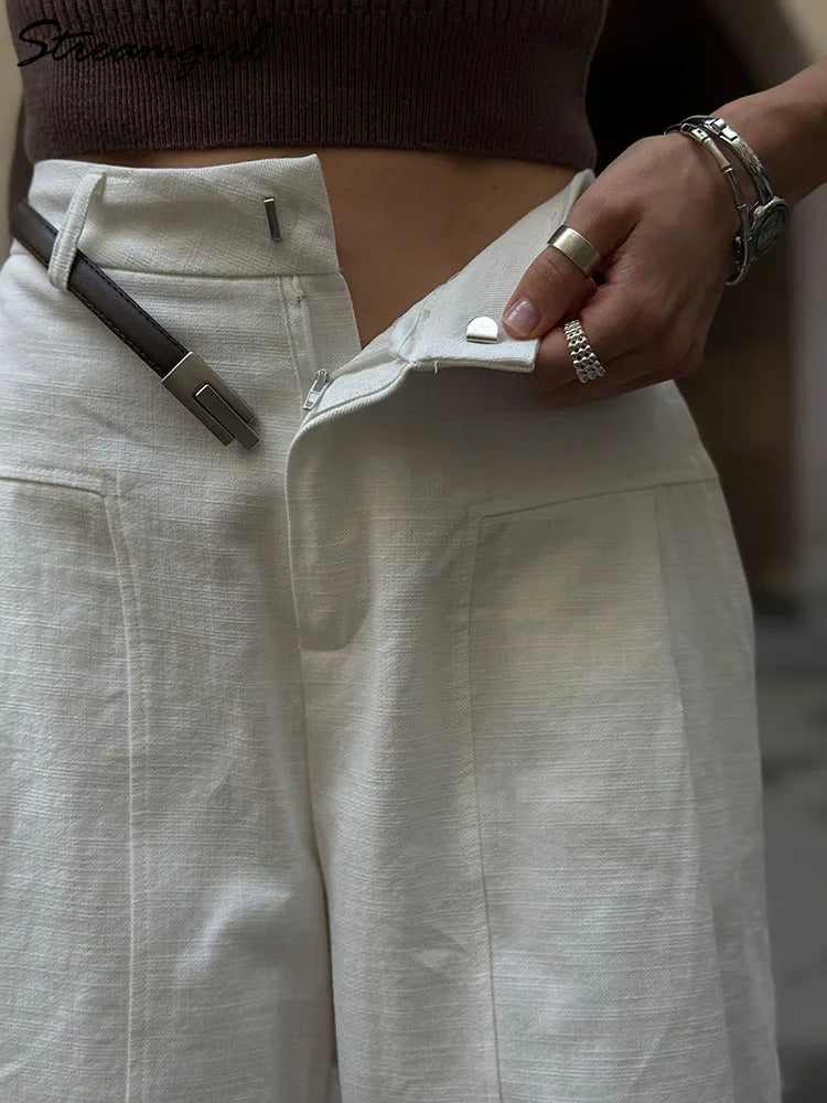 Pantalones Blancos de Algodón y Lino para Mujer, Pierna Ancha Formal